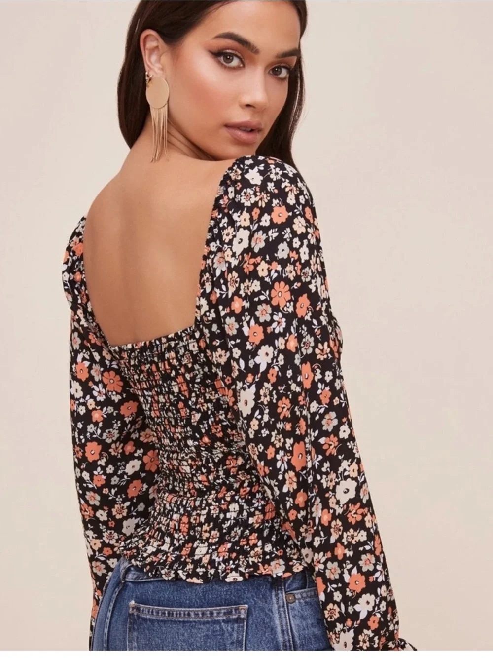 ASTR The Label Floral Smocked Back Blouse